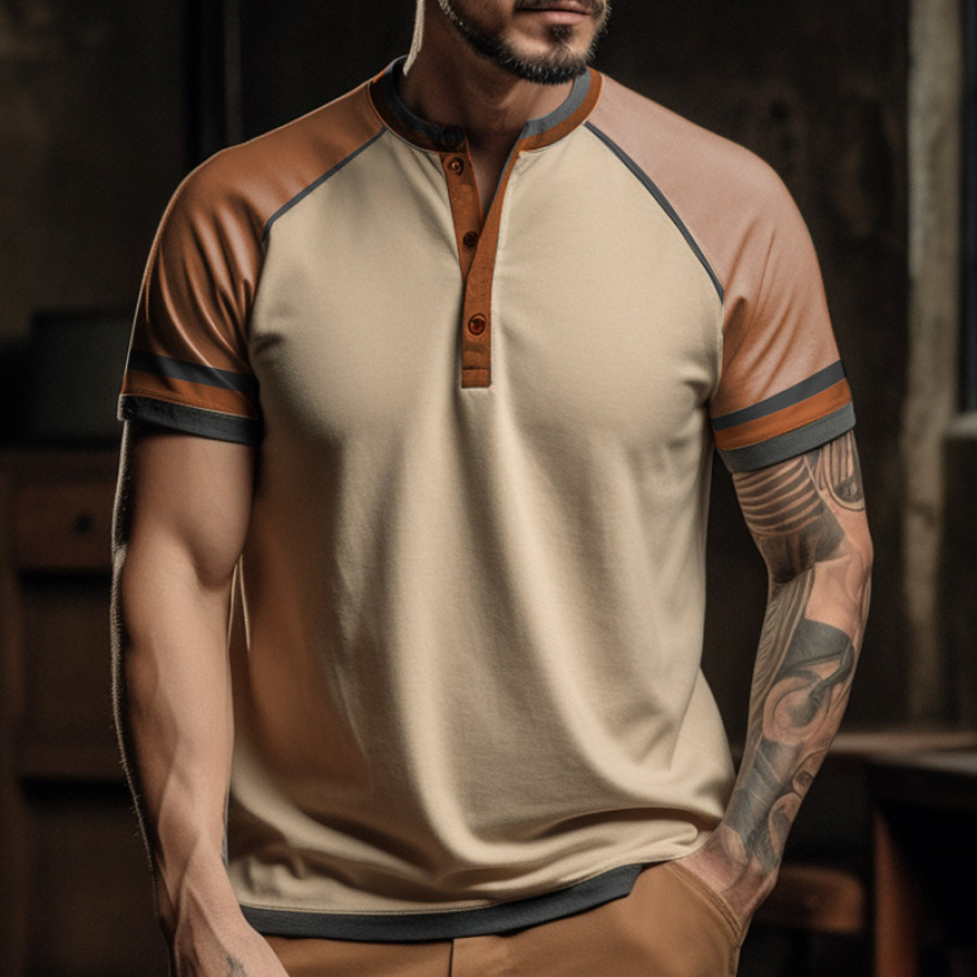 

Men's Vintage Panel Raglan Sleeve Henley Neck T-Shirt