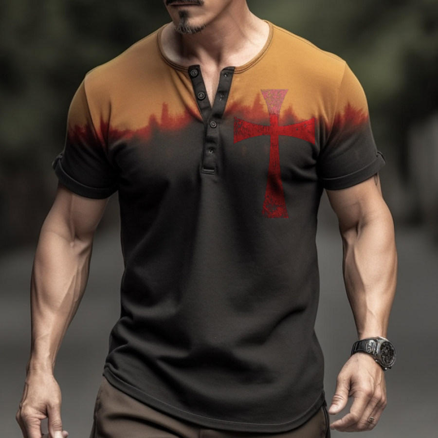 

Men's German Flag Gradient Cross Print Henley Neck T-Shirt