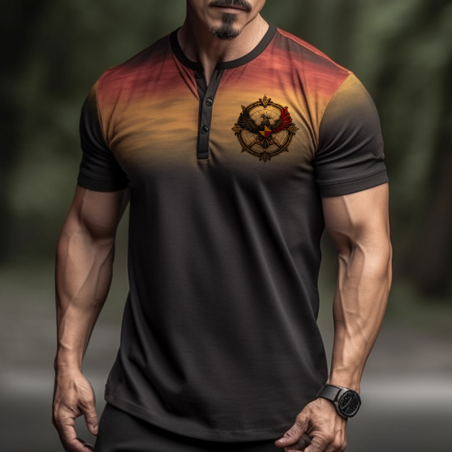 

Men's German Flag Gradient Eagle Badge Graphic Print Henley Neck T-Shirt