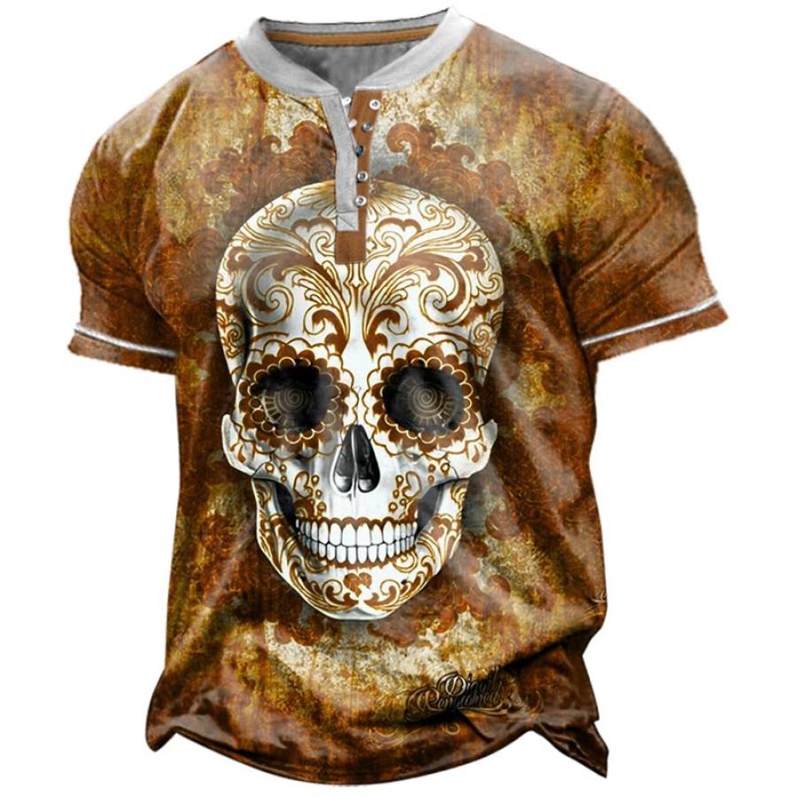 

Men's Ethnic Skull Print Henley T-Shirt