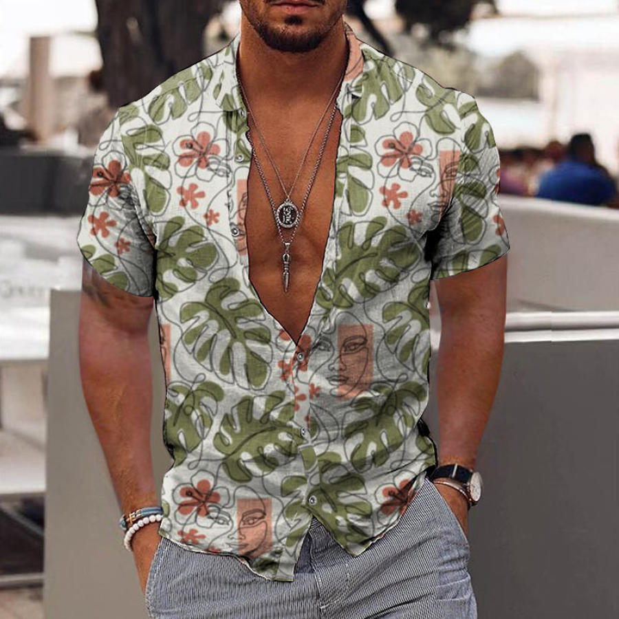 

Men's Holiday Leaf Face Print Hawaiian Short Sleeve Shirt