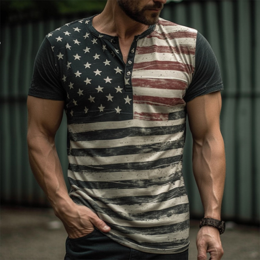 

Men's Outdoor Retro Stitching American Flag Stripe Graphic Print Henley Collar T-Shirt