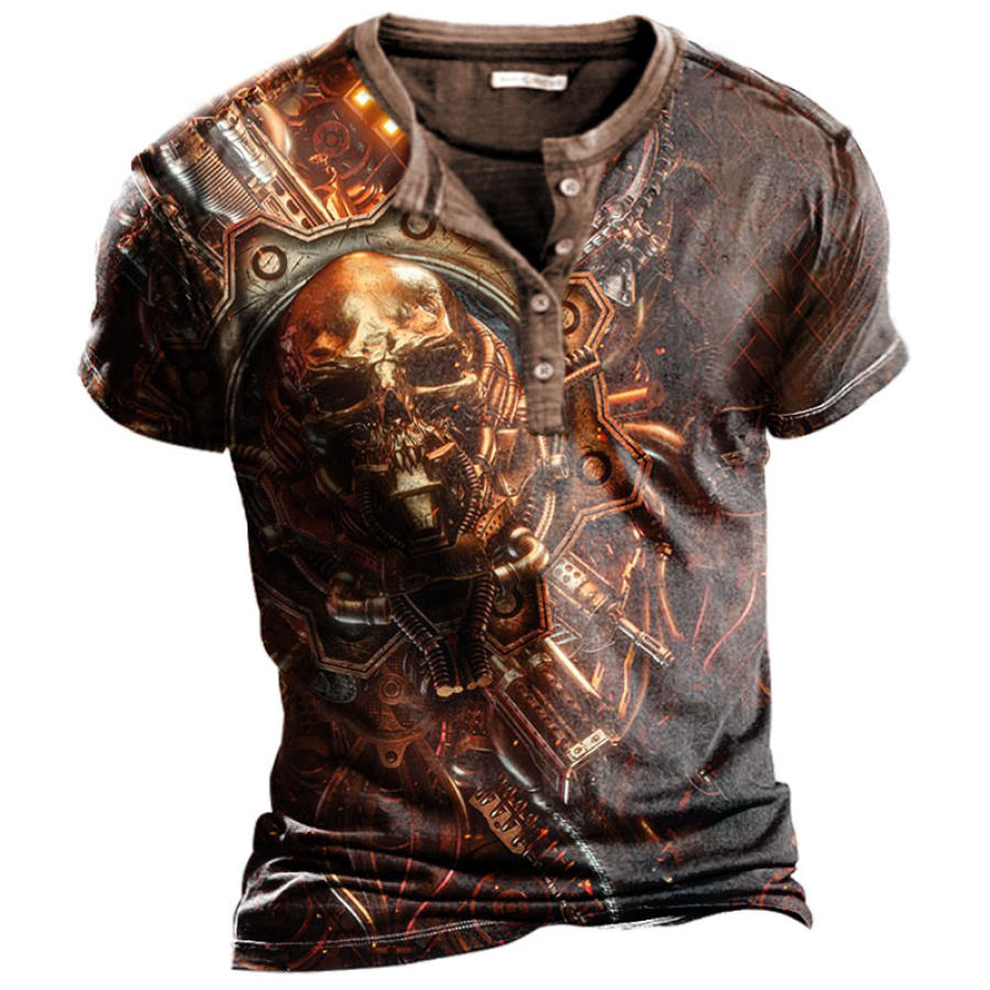 

Men's Mechanical Skull Print Henry T-Shirt