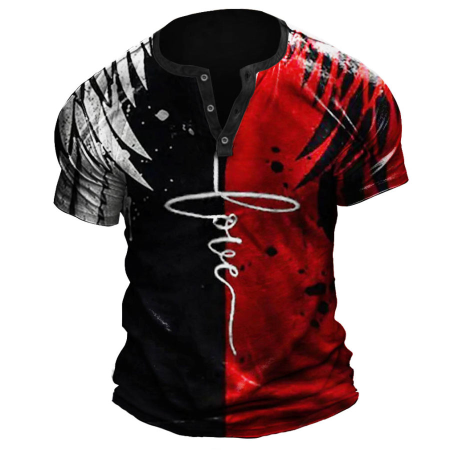 

Men's Vintage Black Red Colorblock Wings Love Print Henley T-Shirt