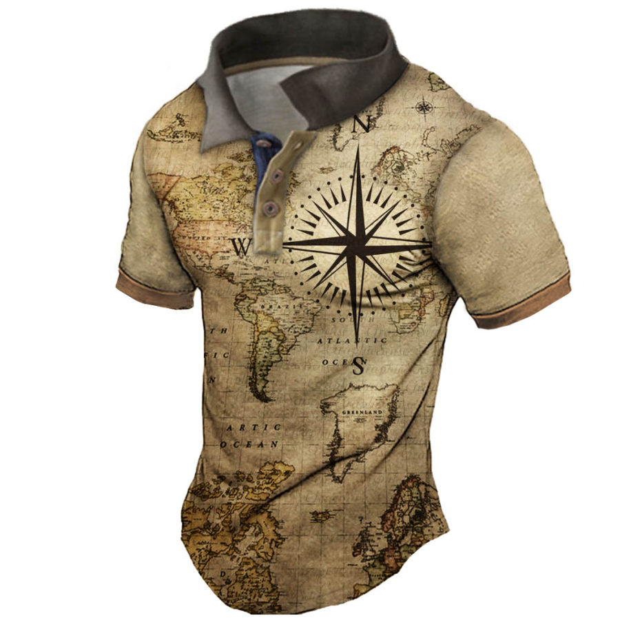 

Men's Vintage Nautical Map Compass Print Polo Short Sleeve T-Shirt
