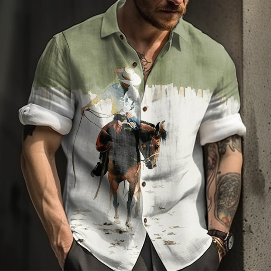 

Men's Vintage Western Denim Print Vacation Shirt