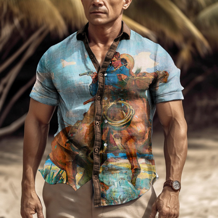 

Men's Vintage Western Denim Print Beach Vacation Shirt