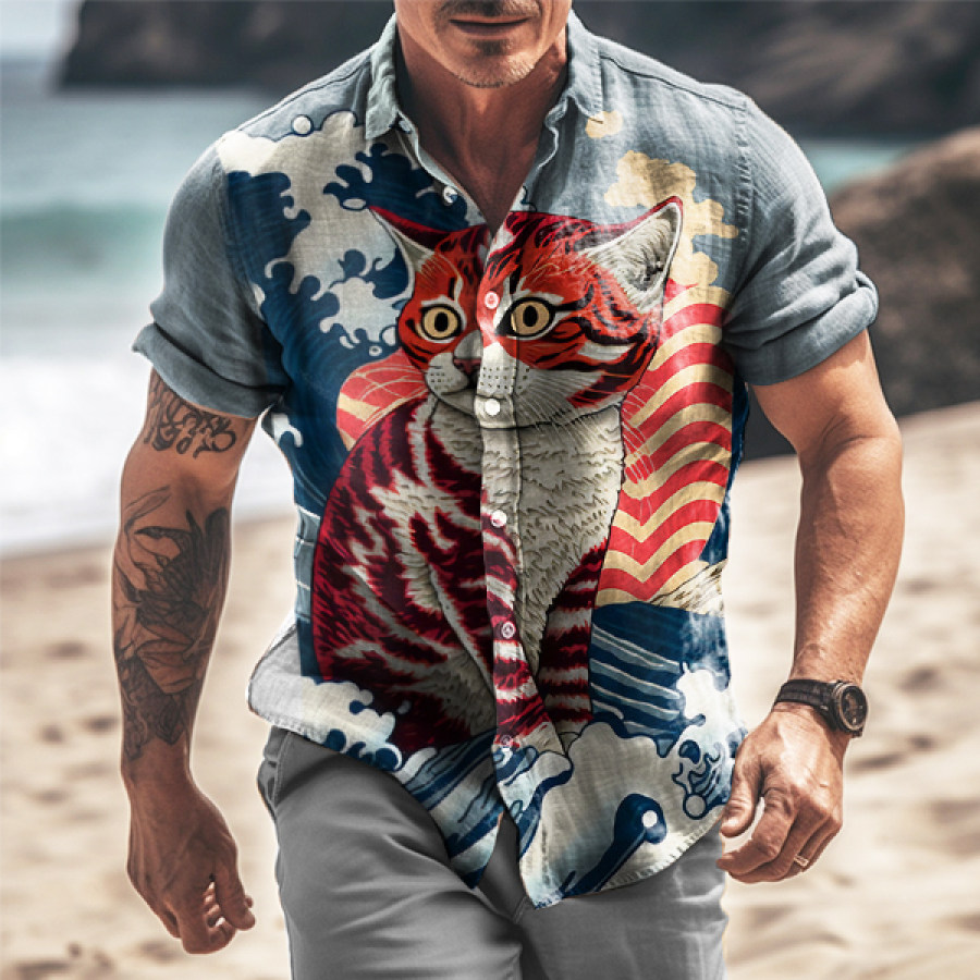 

Men's Vintage Cat Print Beach Vacation Shirt