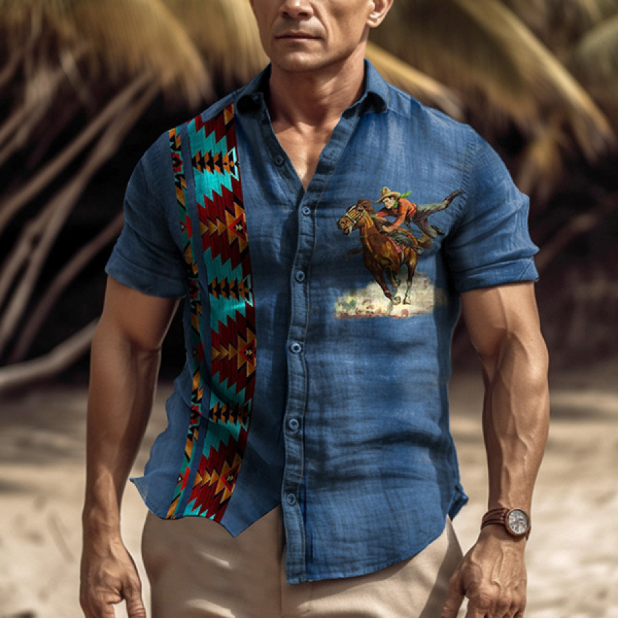 

Men's Vintage Western Denim Ethnic Print Vacation Shirt