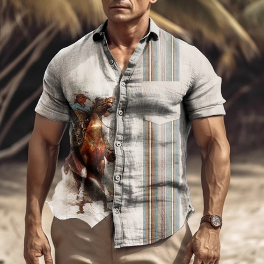 

Men's Vintage Western Denim Print Beach Vacation Shirt