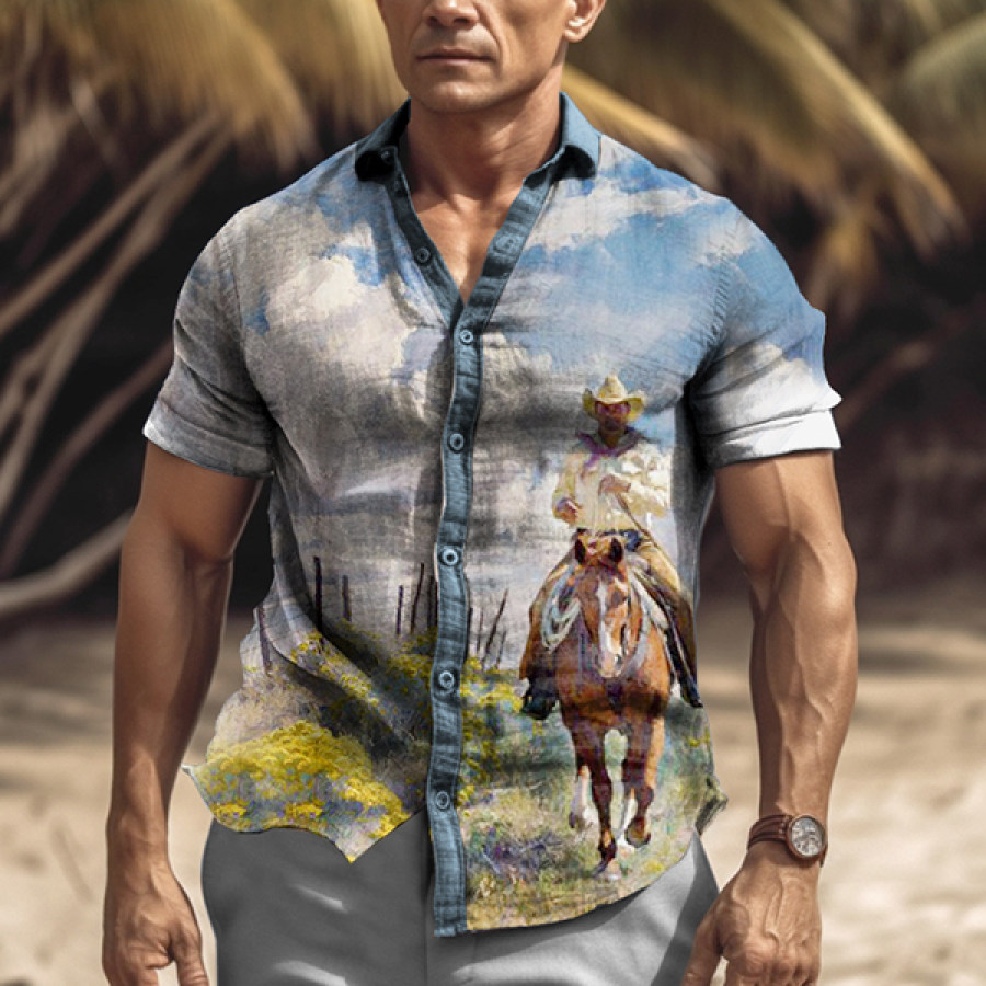 

Men's Vintage Western Denim Print Vacation Shirt