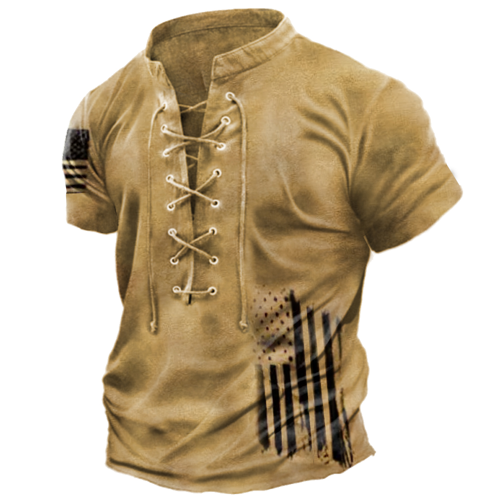 Men's Vintage American Flag Print Tie Collar T-Shirt