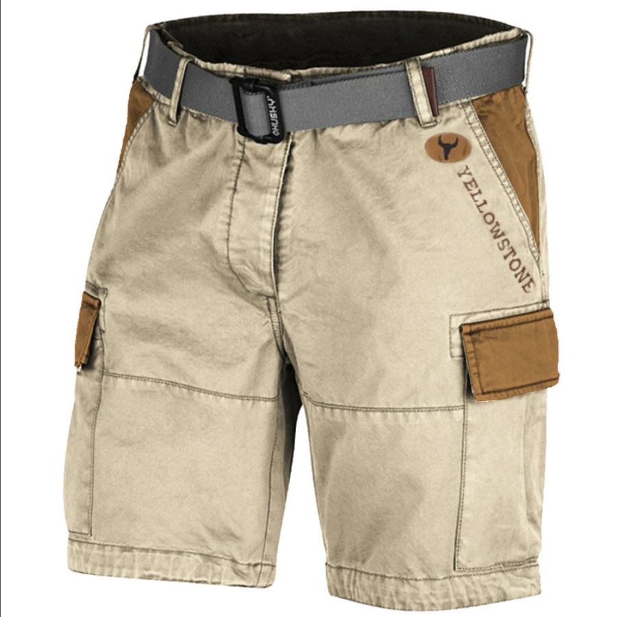 

Men's Vintage Yellowstone Wash Print Multi-Pocket Tactical Shorts