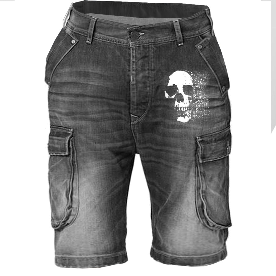 

Men's Retro Skull Wash Casual Denim Shorts