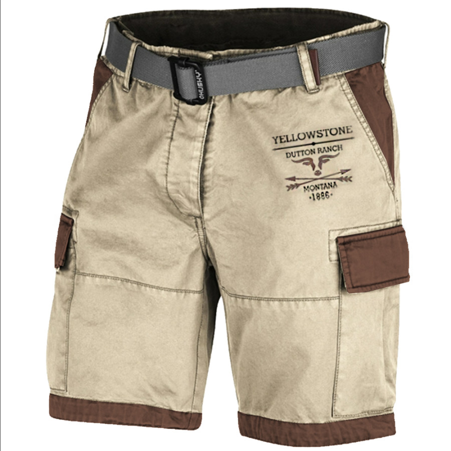 

Men's Vintage Yellowstone Wash Print Multi-Pocket Tactical Shorts