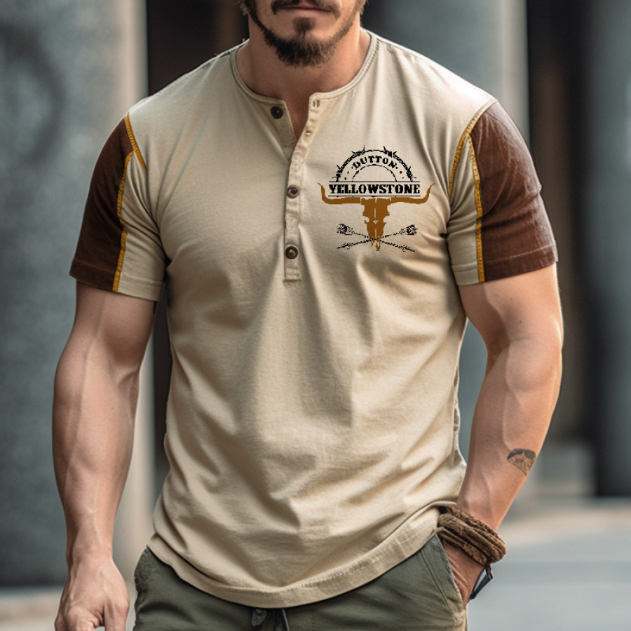 

Men's Vintage West Yellowstone Solid Panel Henley Collar T-Shirt
