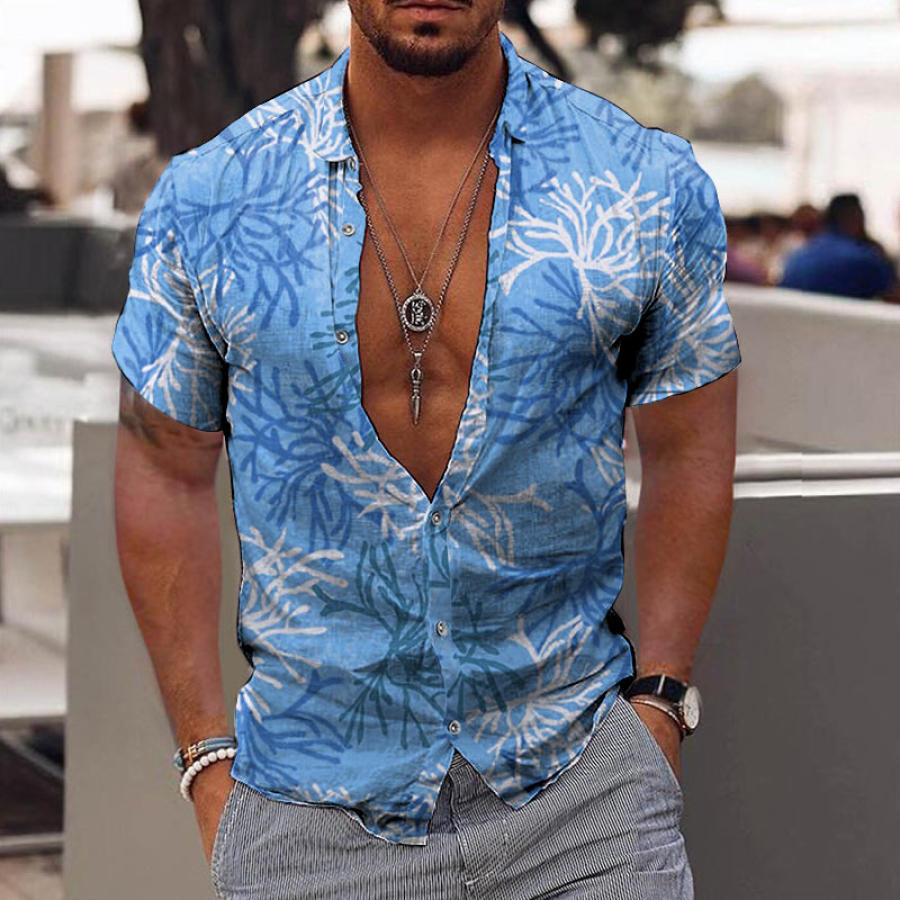 

Men's Hawaiian Seaweed Coral Print Casual Short Sleeve Shirt