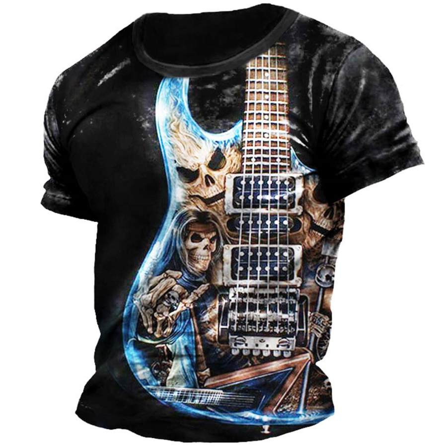 

Men's Vintage Guitar Skull Rock Print Short Sleeve T-Shirt