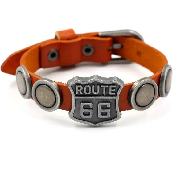 Vintage Route 66 Cowhide Punk Stud Leather Bracelet - Kalesafe.com 