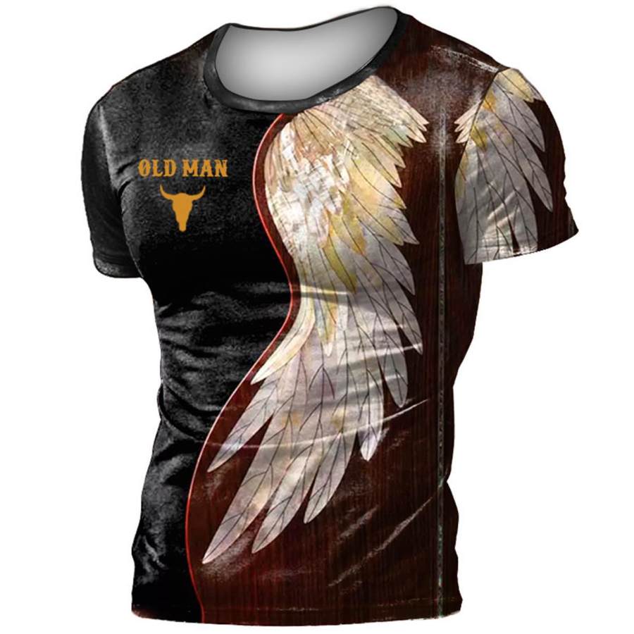 

Men's Vintage Old Man Skull Bull Guitar Wings Print T-Shirt