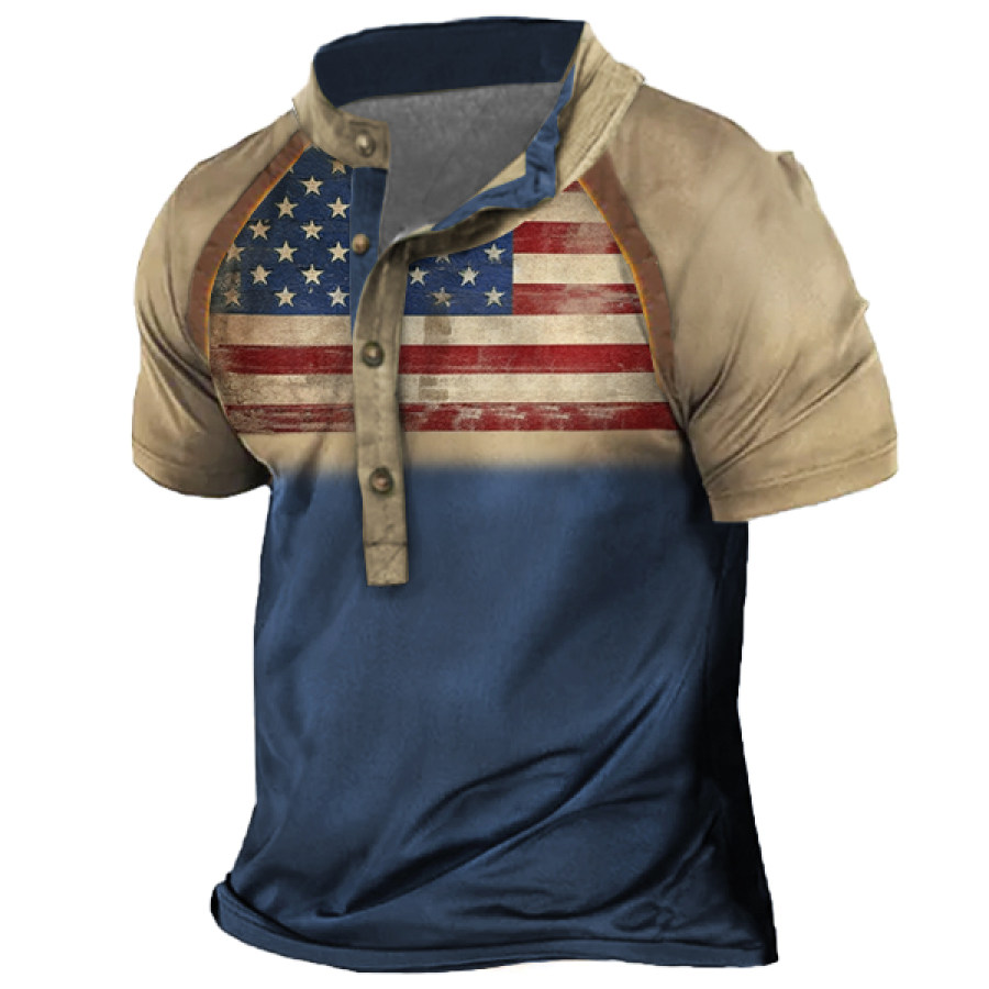 

Men's Vintage American Flag Colorblock Print Henley T-Shirt