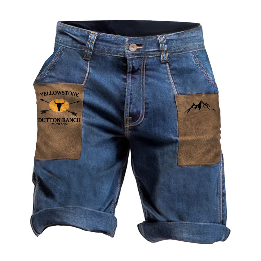 

Men's Outdoor Vintage Yellowstone Skull Bull Colorblock Denim Shorts