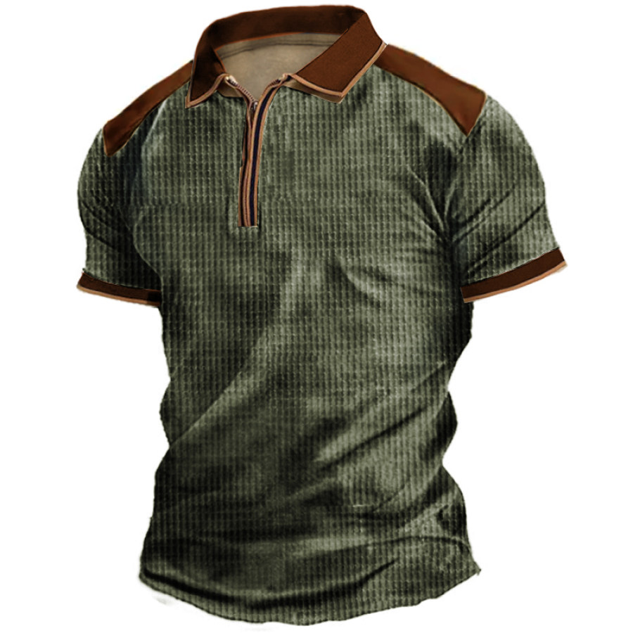 

Men's Vintage Colorblock Waffle Zipper Polo Shirt