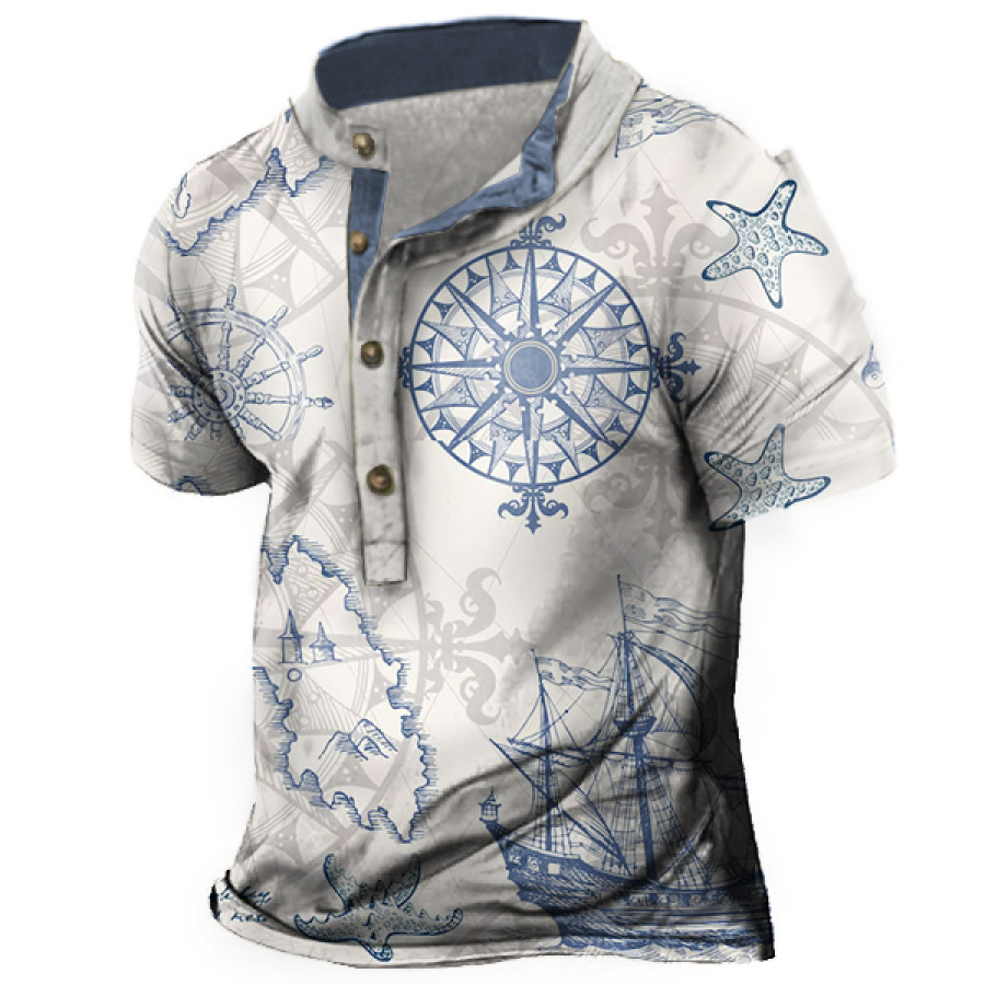 

Men's Vintage Sea Life Nautical Print Henley T-Shirt