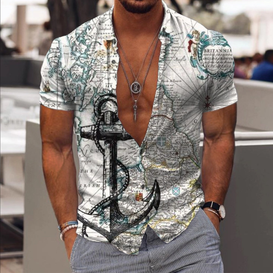 

Men's Vintage Nautical Map Anchor Print Short Sleeve Shirt