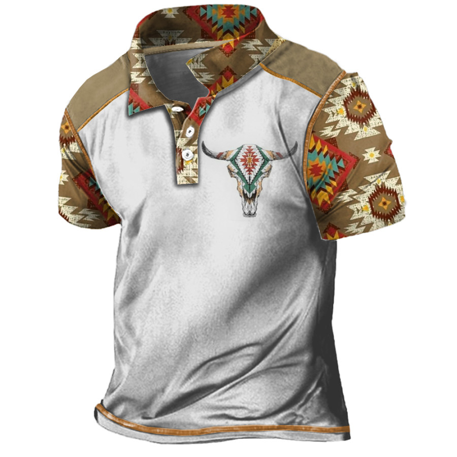

Men's Vintage Western Cowboy Print Polo Neck T-Shirt