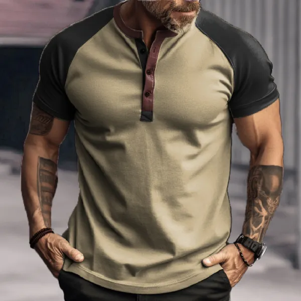 Men's Outdoor Retro Solid Color Stitching Henley Collar T-Shirt - Blaroken.com 