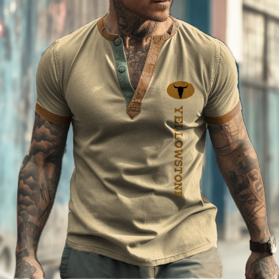 

Men's Vintage Western Yellowstone Henley Collar T-Shirt