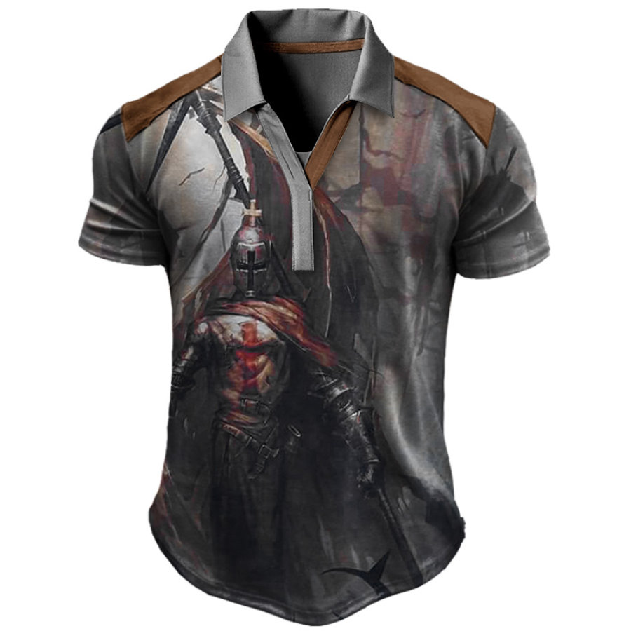 

Men's Vintage Templar Print Lapel T-Shirt