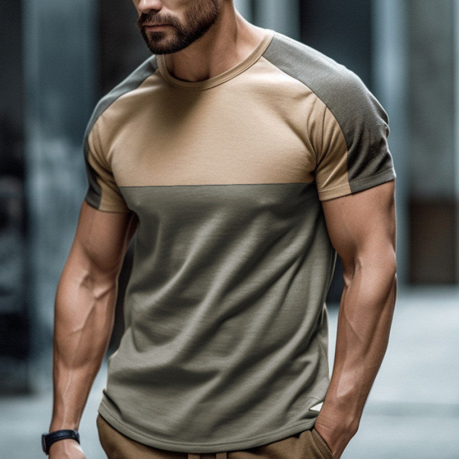 

Men's Comfortable Breathable Stretch Retro Solid Color Stitching Round Neck T-Shirt