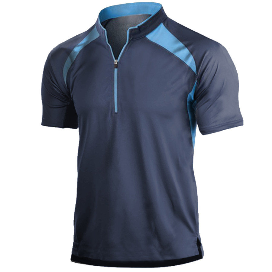 

Men'S Color Contrast Stitching Zipper Stand Collar Outdoor Sports T-Shirt