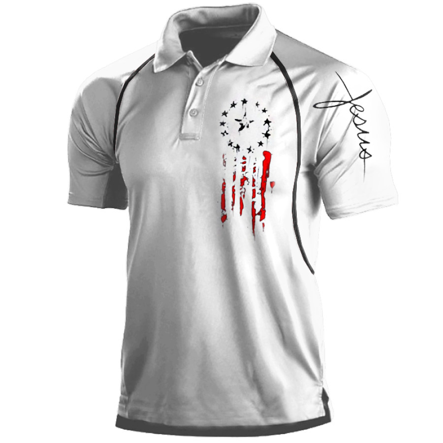 

Men's Vintage American Flag Jesus Print Polo Neck T-Shirt