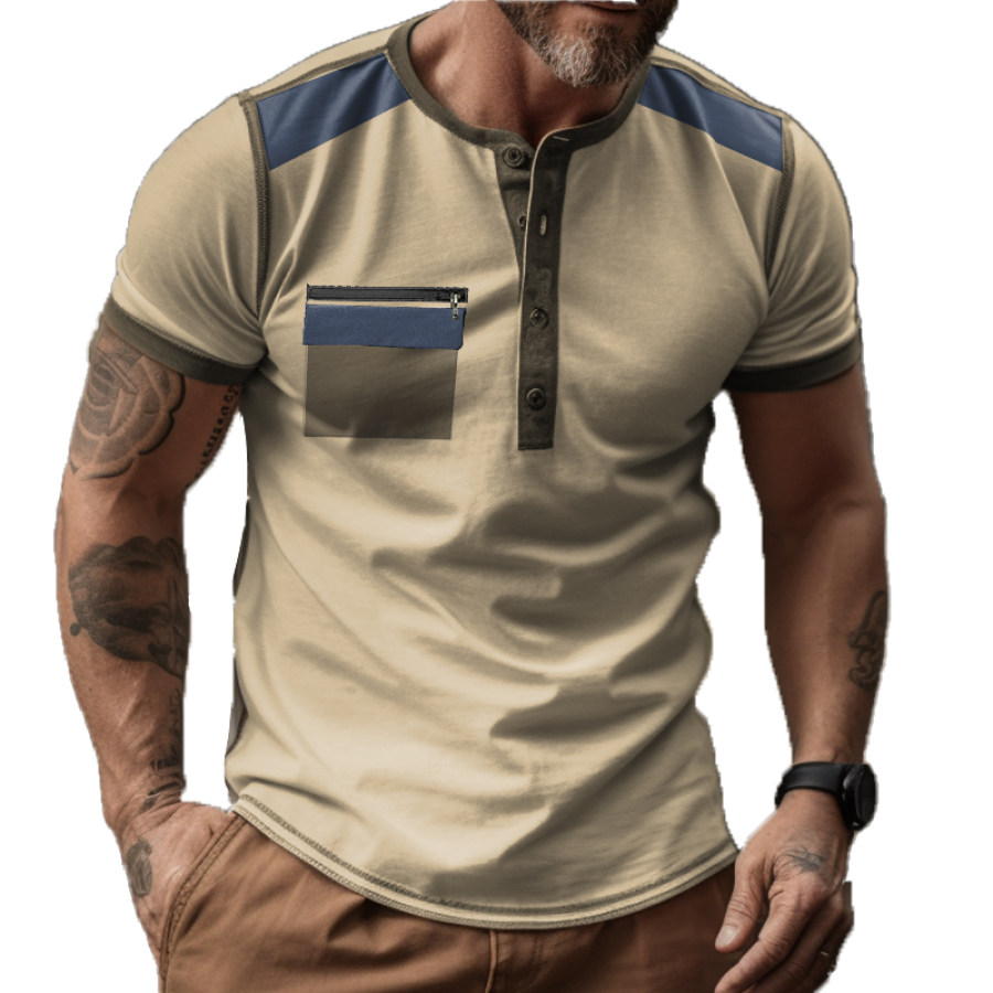 

Men's Outdoor Retro Contrast Zipper Pocket Henley Collar T-Shirt