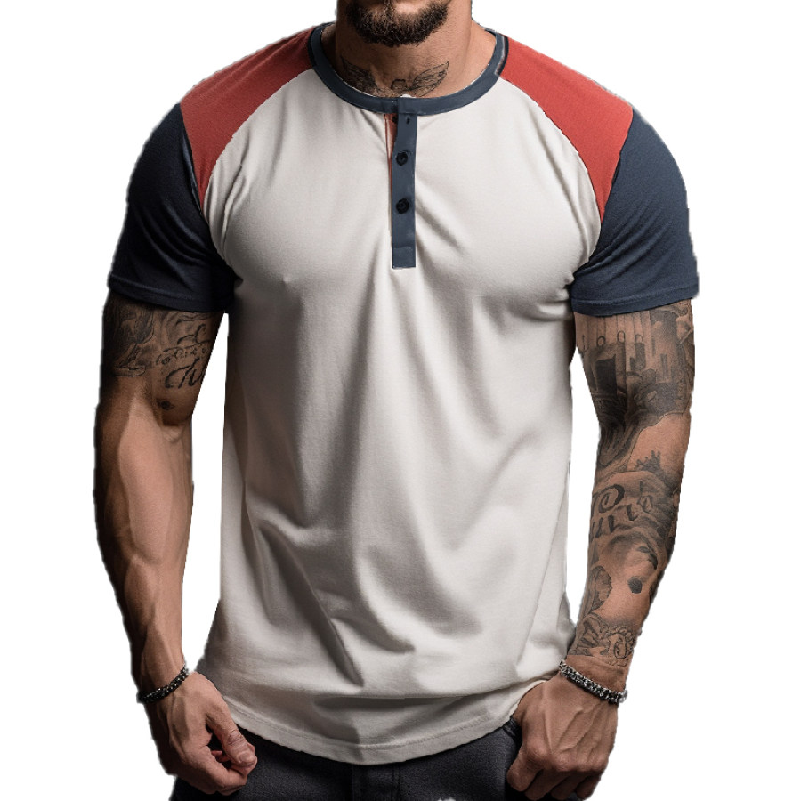 

Men's Color Panel Floral Henley Neck T-Shirt