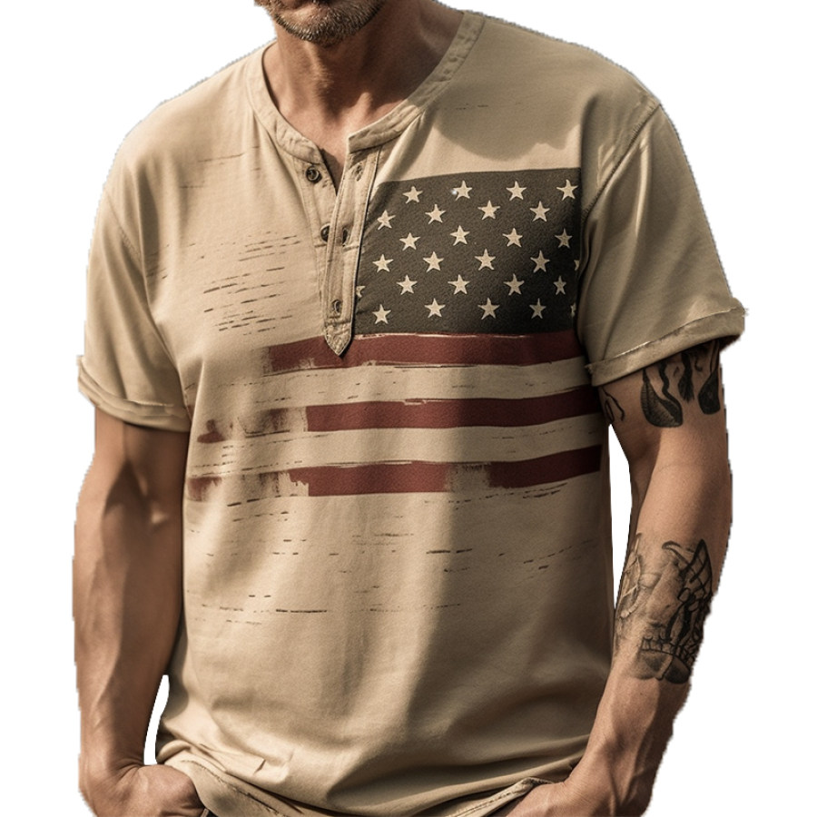 

Men's Vintage Distressed American Flag Graphic Henley Collar T-Shirt