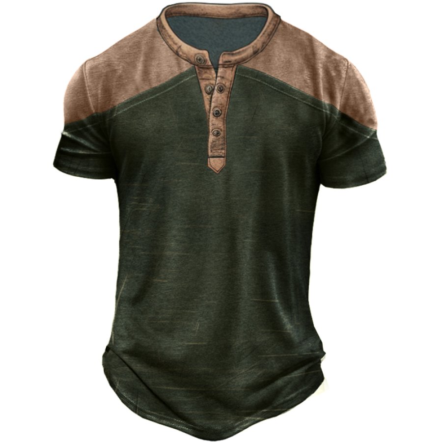 

Men's Vintage Colorblock Print Henley Collar T-Shirt