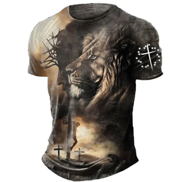 Men's Vintage Lion Jesus Cross Print Short Sleeve T-Shirt - Cotosen.com