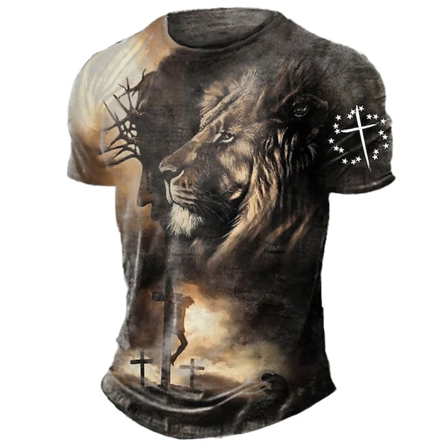 

T-shirt A Maniche Corte Con Stampa Vintage Lion Jesus Cross Da Uomo
