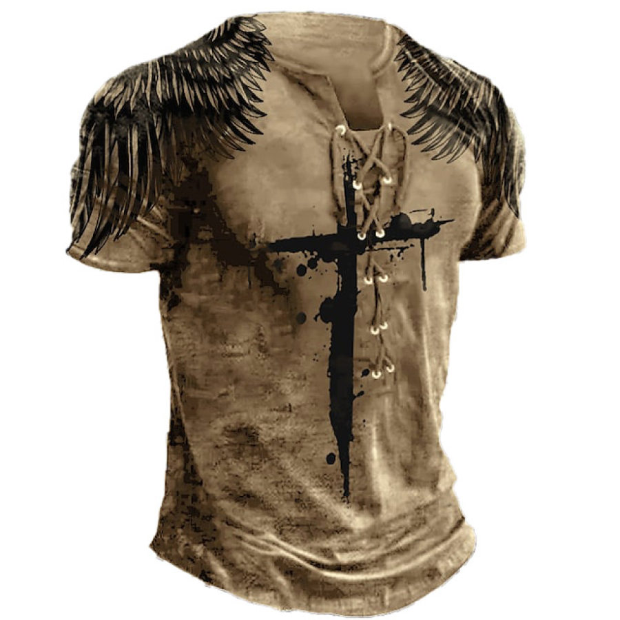 

Men's Vintage Winged Cross Print Lace-Up Collar T-Shirt