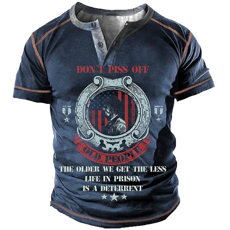 

Men's Vintage Old People Print Henley Short Sleeve T-Shirt