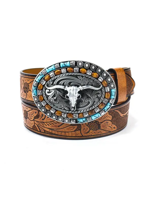 Men's Vintage Western Cowboy Bullhead Big Plate Buckle Belt - Gethefashion.chimpone.com 
