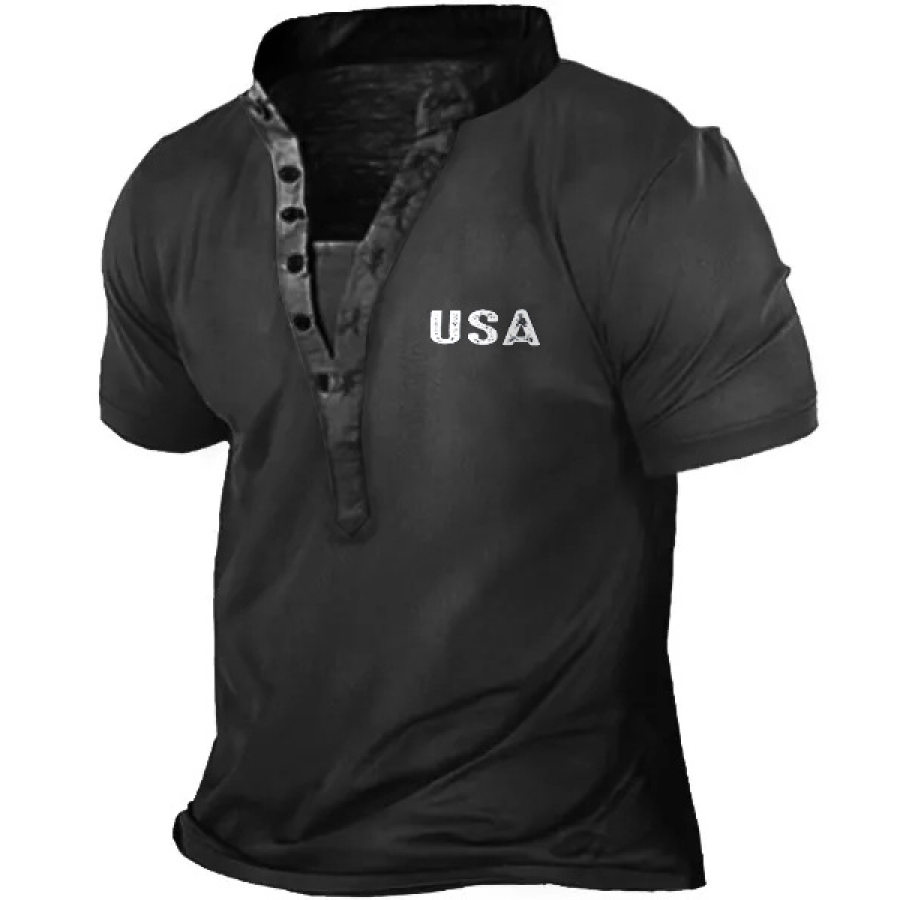

Men's Vintage USA American Flag Logo Print Henley T-Shirt