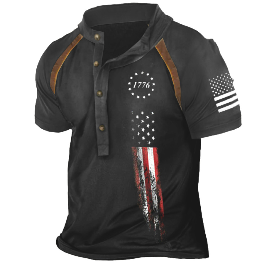 

Men's Vintage American Flag Print Henley Collar T-Shirt