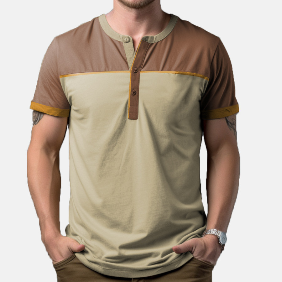 

Men's Outdoor Comfortable Breathable Stretch Color Contrast Henley Collar T-Shirt