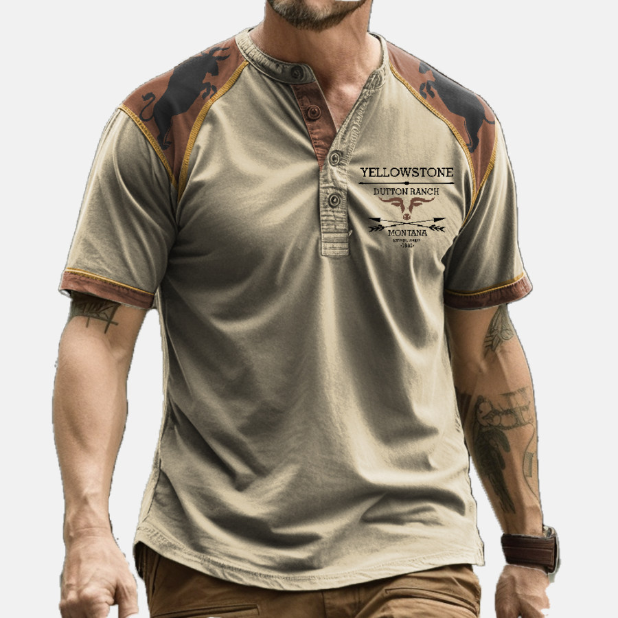 

Men's Vintage Western Yellowstone Pit Bull Comfortable Breathable Stretch Henley Collar T-Shirt