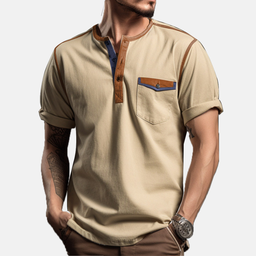 

Men's Outdoor Retro Comfortable Breathable Stretch Contrast Pocket Henley Collar T-Shirt